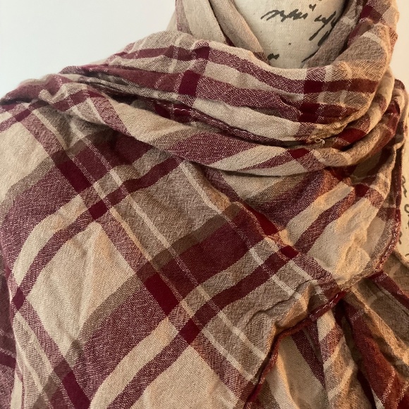 🩵 Cotton Linen Scarf Burgundy & Tan 54 Inch - Picture 2 of 11